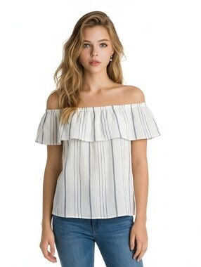 Vintage America Blues Off White & Blue Striped Two Way Neckline Blouse Size XL